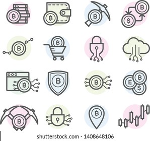 Bitcoin mining and cryptocurrency icons - coin, pickaxe, gold, money, spinner, video card, phone, laptop, exchange