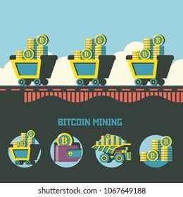Bitcoin mining. cryptocurrency. Vector concept. Trolleys with bitcoins.  Set of vector emblems. Trolley with bitcoins, wallet with bitcoins, stack of coins.