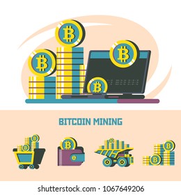 Bitcoin mining. cryptocurrency. Vector concept. Set of vector emblems. Laptop and a stack of coins.