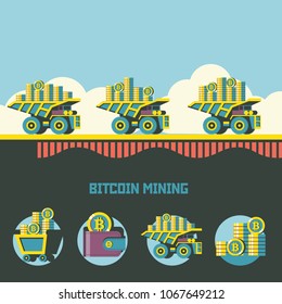 Bitcoin mining. cryptocurrency. Vector concept. Dump truck carries bitcoins. Set of vector emblems. Trolley with bitcoins, wallet with bitcoins, stack of coins.