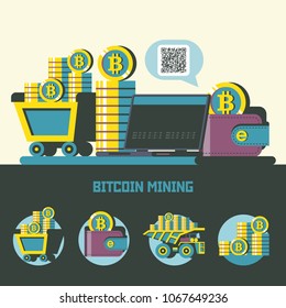 Bitcoin mining. cryptocurrency. Vector concept. Truck with bitcoins.  Set of vector emblems. Trolley with bitcoins, laptop, wallet with bitcoins, a stack of coins.