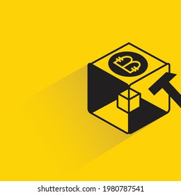 bitcoin mining cube icon with shadow on yellow background
