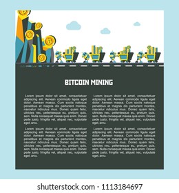 Bitcoin mining. A cute little robot pushes a cart with bitcoins. Mountains with bitcoins. Vector conceptual illustration. Cryptocurrency.