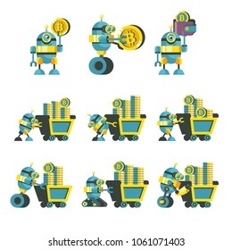 Bitcoin mining. A cute robot carries a mining trolley with bitcoins. Concept. Vector illustration.  Bitcoin mining icon set.