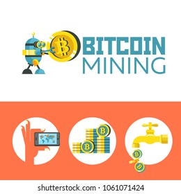 Bitcoin mining. A cute robot carries a big bitcoin coin. Concept. Vector illustration.  Bitcoin mining icon set.
