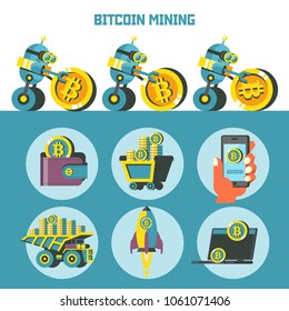 Bitcoin mining. Cute robot wheels ahead large coin bitcoin. Concept. Vector illustration.  Bitcoin mining icon set.