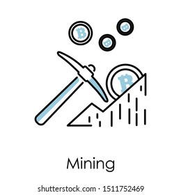 Minería de bitcoin, criptodivisa digital y extracción de monedas de roca con vectores aislados de ícono jackhammer. Negocios en línea, ganando dinero digital. Banca web, transacciones por Internet y pagos