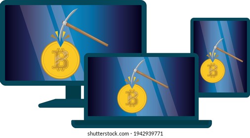 Bitcoin mining. Drawings on the topic of bitcoin. Flat design.