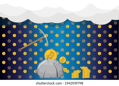 Bitcoin mining. Drawings on the topic of bitcoin. Flat design.