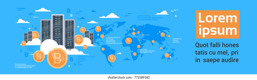 Concepto de granja de minería de bitcoin sobre fondo de mapa mundial Ilustración horizontal de vectores planos de pancarta