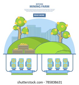 Bitcoin mining farm concept vector illustration. Digital currency or cryptocurrency mining farm. Thin line flat style design template for web banners and printed materials.