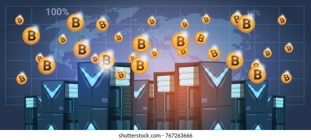 Bitcoin Mining Farm Data center Over World Map Digital Crypto Currency Modern Web Money Vector Illustration