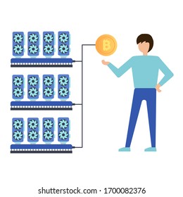 Bitcoin Mining Farm. Digital Crypto Currency. Modern Web Money. Mining of crypto-currencies. Farm with video cards. Vector flat illustration. Design concept of cryptocurrency, bitcoin mining, farm