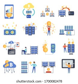Granja de minería de bitcoin. Moneda digital de criptografía. Dinero Web moderno. Minería de criptomonedas. Granja con tarjetas de video. Ilustración plana vectorial. Concepto de diseño de criptodivisa, minería de bitcoin, granja