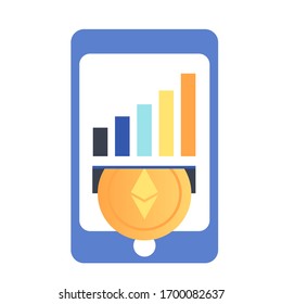 Granja de minería de bitcoin. Moneda digital de criptografía. Dinero Web moderno. Minería de criptomonedas. Granja con smartphone. Ilustración plana vectorial. Concepto de diseño de criptodivisa, minería de bitcoin, granja
