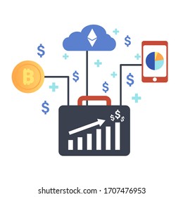Bitcoin Mining Farm. Digital Crypto Currency. Modern Web Money. Mining of crypto-currencies. Farm with video cards. Vector flat illustration. Design concept of cryptocurrency, bitcoin mining, farm