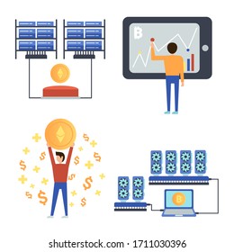 Bitcoin Mining Farm. Digitale Kryptowährung. Modernes Web-Geld. Abbau von Kryptowährungen. Bauernhof mit Videokarten. Vektorillustration flach. Konzept der Kryptowährung, des Bitcoin-Bergbaus, des Bauernhofs