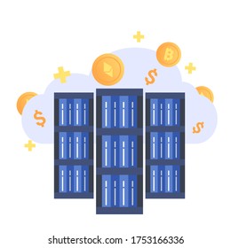 Bitcoin Mining Farm. Digitale Kryptowährung. Modernes Web-Geld. Abbau von Kryptowährungen. Bauernhof mit Videokarten. Vektorflache Illustration. Konzept der Kryptowährung, des Bitcoin-Bergbaus, des Bauernhofs