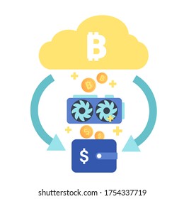 Granja de minería de bitcoin. Moneda de criptografía digital. Dinero Web moderno. Minería de criptomonedas. Granja con tarjetas de video. Ilustración plana vectorial. Concepto de diseño de criptodivisa, minería de bitcoin, granja