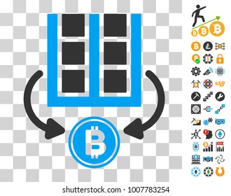 Bitcoin Mining Farm icon with bonus bitcoin mining and blockchain graphic icons. Vector illustration style is flat iconic symbols. Designed for bitcoin software.