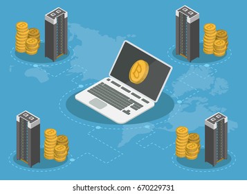 Bitcoin mining farm isometric concept 3d infographic.