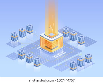 Bitcoin mining farm isometric illustration. Computer electronics, server architecture, e business. Blockchain technology, digital business. Virtual money, electronic currency bright blue concept