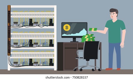 Bitcoin mining farm. Man at the computer in the server room. Cryptocurrency mining concept. Vector illustration.