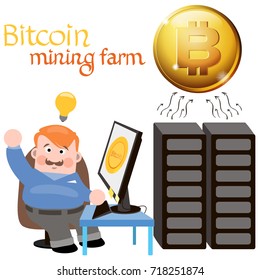 Bitcoin mining farm. Man sitting at the computer in the server room. Cryptocurrency mining concept. Vector illustration.