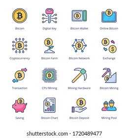 Bitcoin Mining filled line Icons - stroke, vector