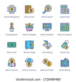 Bitcoin Mining filled line Icons - stroke, vector