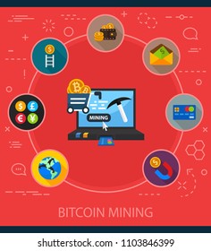Bitcoin mining flat icons concept. Vector illustration. Element template for design.
