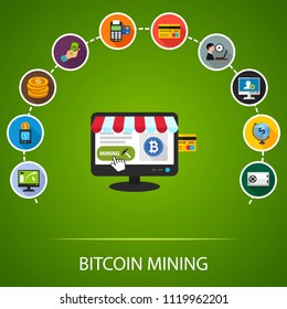 Bitcoin mining flat icons concept. Vector illustration. Element template for design.