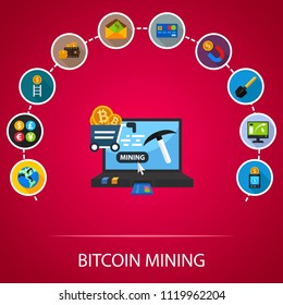 Bitcoin mining flat icons concept. Vector illustration. Element template for design.