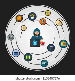 Bitcoin mining flat icons concept. Vector illustration. Element template for design.