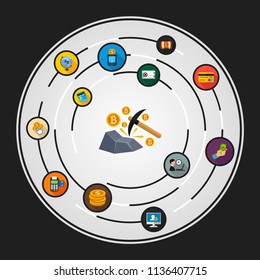 Bitcoin mining flat icons concept. Vector illustration. Element template for design.
