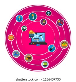 Bitcoin mining flat icons concept. Vector illustration. Element template for design.