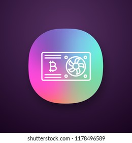 Bitcoin mining graphic card app icon. UI/UX user interface. Video card for crypto business. Cryptocurrency gpu mining farm. Web or mobile application. Vector isolated illustration