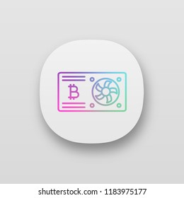 Bitcoin mining graphic card app icon. UI/UX user interface. Video card for crypto business. Cryptocurrency gpu mining farm. Web or mobile application. Vector isolated illustration