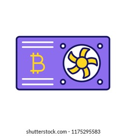 Bitcoin mining graphic card color icon. Video card for crypto business. Cryptocurrency gpu mining farm. Isolated vector illustration