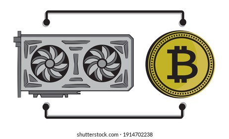 Bitcoin mining with graphic card, crypto currency market concept, financial business, icon, vector illustration.