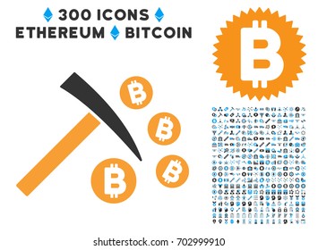 Bitcoin Mining Hammer icon with 300 blockchain, bitcoin, ethereum, smart contract symbols. Vector pictograph collection style is flat iconic symbols.