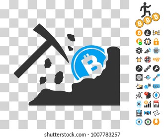 Bitcoin Mining Hammer icon with bonus bitcoin mining and blockchain pictograms. Vector illustration style is flat iconic symbols. Designed for blockchain websites.