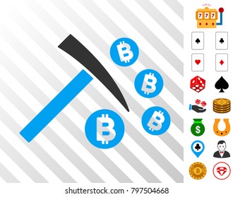 Bitcoin Mining Hammer icon with bonus gambling pictograms. Vector illustration style is flat iconic symbols. Designed for gambling ui.