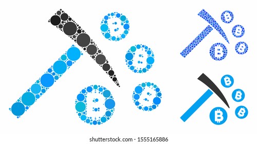 Bitcoin mining hammer mosaic of filled circles in different sizes and color tinges, based on Bitcoin mining hammer icon. Vector filled circles are grouped into blue mosaic.