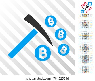 Bitcoin Mining Hammer pictograph with 7 hundred bonus bitcoin mining and blockchain pictures. Vector illustration style is flat iconic symbols design for cryptocurrency apps.
