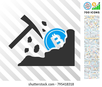 Bitcoin Mining Hammer pictograph with 700 bonus bitcoin mining and blockchain icons. Vector illustration style is flat iconic symbols designed for crypto-currency software.