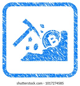 Bitcoin Mining Hammer rubber seal stamp imitation. Icon vector symbol with grunge design and dust texture in rounded frame. Scratched blue stamp imitation on a white background.