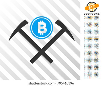 Bitcoin Mining Hammers icon with 7 hundred bonus bitcoin mining and blockchain clip art. Vector illustration style is flat iconic symbols designed for crypto currency apps.