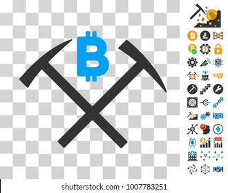 Bitcoin Mining Hammers icon with bonus bitcoin mining and blockchain clip art. Vector illustration style is flat iconic symbols. Designed for bitcoin apps.