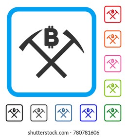 Bitcoin Mining Hammers icon. Flat gray iconic symbol in a blue rounded rectangular frame. Black, gray, green, blue, red, orange color additional versions of Bitcoin Mining Hammers vector.